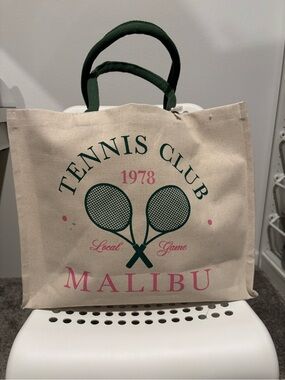 Malibu Tennis Club Canvas Tote in Natural with Green & Pink Print